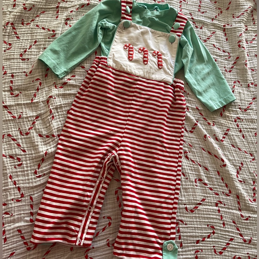 Sugar Dumplin Toddler Boy French Knot Candy Cane and Mint Green Overalls - Picture 2 of 6
